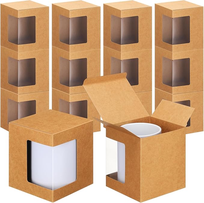Harloon 72 Pcs Mug Boxes for Gift - Transparent Packaging Box - 11oz, 12oz, 15oz Ceramic Blank Coffee Mugs - Kraft Brown