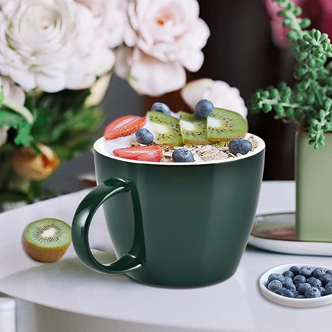 Large Coffee Cup, Huge Ceramic Mug 30 Ounce for Zippy Coffee Breaks in Office or Casual Breakfasts Soup Cereal Bowl at Home, Microwave and Dishwasher Safe, White Interior with Outer Glossy Green