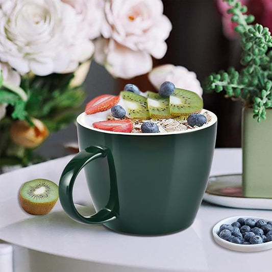 Large Coffee Cup, Huge Ceramic Mug 30 Ounce for Zippy Coffee Breaks in Office or Casual Breakfasts Soup Cereal Bowl at Home, Microwave and Dishwasher Safe, White Interior with Outer Glossy Green