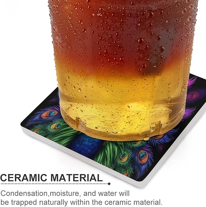 Peacock Drink Coasters, Square Ceramic Drink Coaster Square-6PCS, Vintage Country Beautiful Colorful Peacock Decor Absorbent Ceramic Coasters for Beverage Cup, Bar, Coffee Table