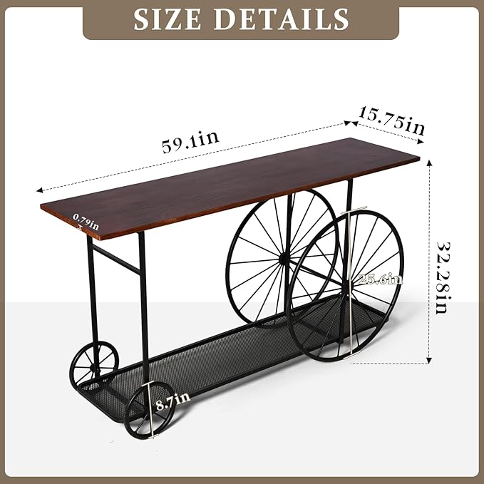 Vintage Industrial Console Table with Wagon Wheel Design, Rustic Wood Top with Metal Frame, 59.1 x 15.75 x 32.28 Inches, Storage Shelf Sofa Table
