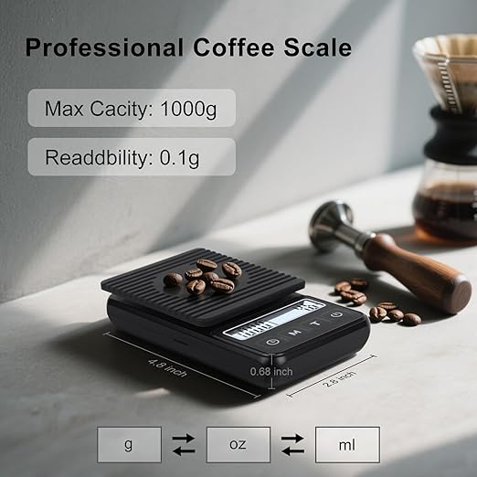 QP Digital Coffee Scale with Timer, Mini Scale, 1kg/0.1g High Accuracy Portable Espresso Scale, IP68 Waterproof Gram Scale for Coffee, 3 Modes Digital Pocket Scale, g/oz/ml, LCD Display, Auto Off