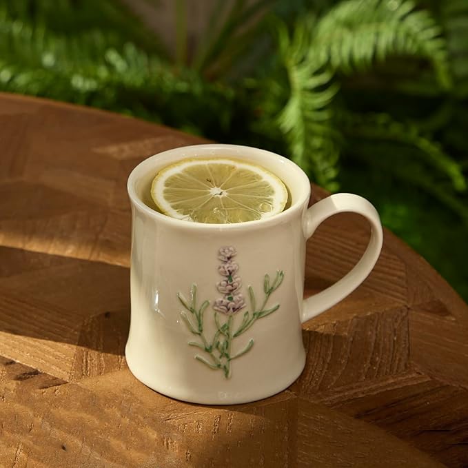 Artisanal Handcrafted Ceramic Mug with Sage Botanical Design - 10oz Off-White Stoneware Coffee Cup, Elegant Purple Sage Pattern, Dishwasher Safe, Comfort Grip Handle for Daily Use-4pack