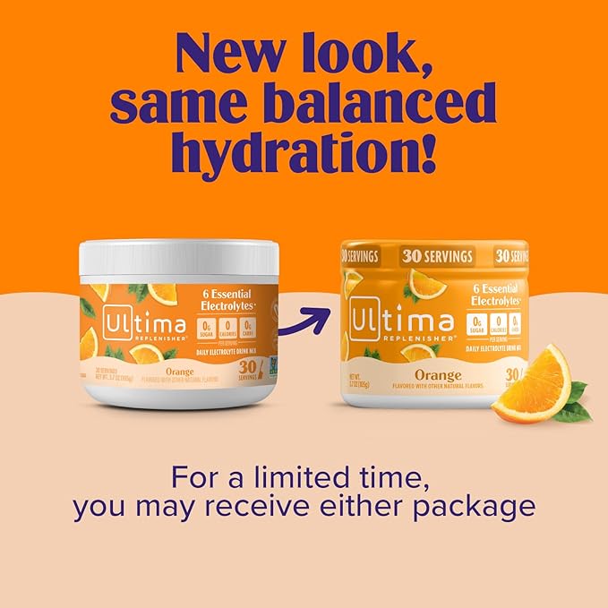 Ultima Replenisher Daily Electrolyte Powder Drink Mix – Sugar Free – Orange, 30 Servings – Hydration Powder with 6 Key Electrolytes and Trace Minerals – Keto Friendly, Vegan, Non-GMO