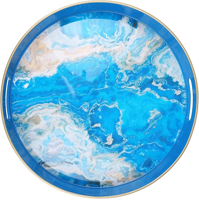 Spsyrine Round Marble Decorative Tray, 13" Plastic Serving Tray with Handles for Breakfast, Ottoman, Coffee Table, Bathroom, Kitchen, Living Room