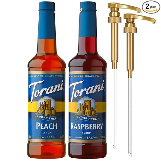 Torani Sugar Free Raspberry Syrup and Sugar Free Peach Syrup Variety 2-Pack, Flavored Syrups for Drinks, Pumps Included, 25.4 Fl Oz Ea