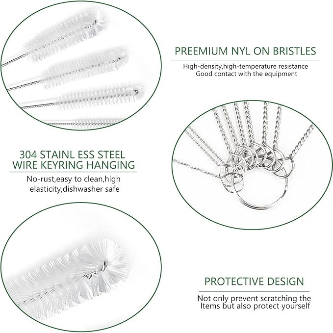 CiaraQ Bottle Cleaning Brushes, 8 Inch Nylon Tube Brush Set, Cleaner for Narrow Neck Bottles Cups with Hook, Set of 13pcs, White