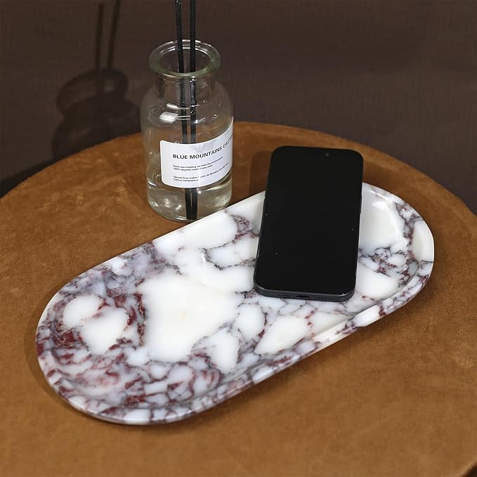 Natural Marble Tray, Coffee Table, Food, Fruit, Paper Cup, Cake Display, Coffee bar, Family Gatherings, Seasonal Holiday Decoration Tray(Viola-oval-11 x5 x0.7)