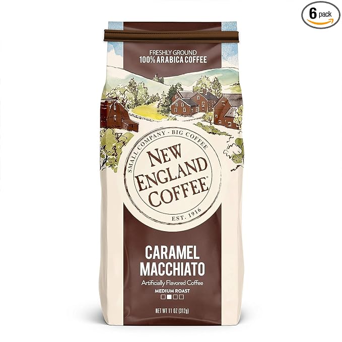 New England Coffee Caramel Macchiato Medium Roast Ground Coffee, 11oz Bag (Pack of 6)
