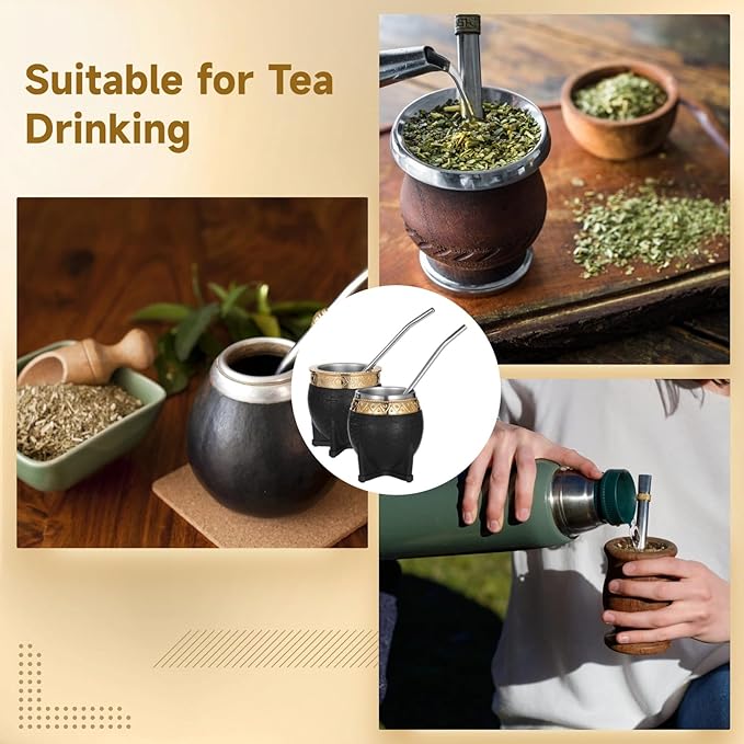 2PCS Yerba Mate Cup, 6 oz Stainless teel Mate Cup with Straw, Double Wall Vacuum Insulated Yerba Mate Gourd for Traditional Mate Tea Drinking (Black)