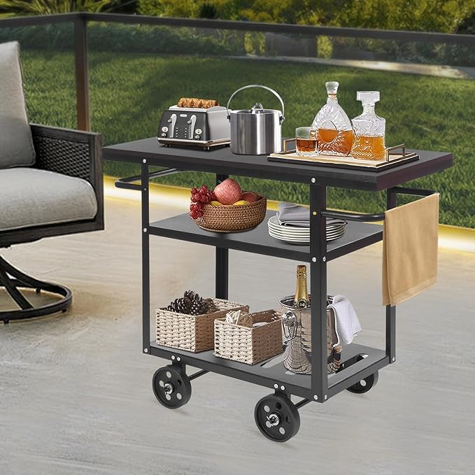Rolling Bar Cart with Wheels, Industrial Mobile Serving Cart Kitchen Storage Cart 3-Tier with 2 Side Handle, Vintage Rustic Style, Heavy Duty & Sturdy, for Home Bar Cafe Restaurant Hostel