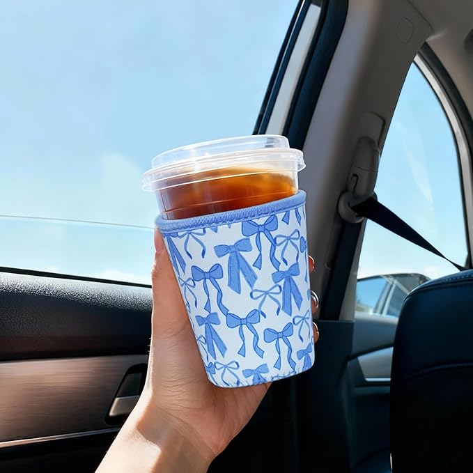 Reusable Insulated Sleeve for Iced Coffee Cup, Coffee Neoprene Sleeve for Cold & Hot Drinks, Beverage Holder for Iced Coffee (Blue Bows, Small: 16-18oz)