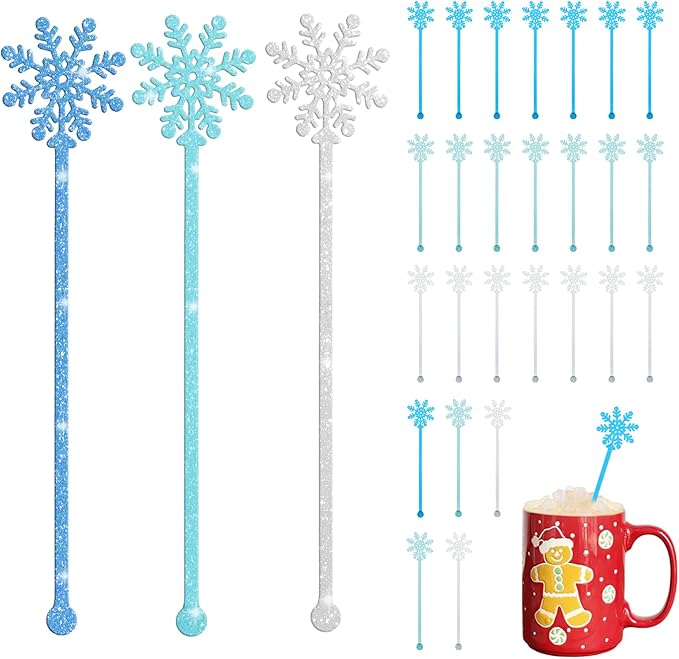 30 Pcs Snowflake Swizzle Sticks Coffee Frozen Stirrers Glitter Winter Stir Sticks Reusable Cocktail Drink for Hot Cocoa Chocolate Bar Supplies(Snowflake)