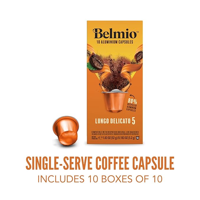 Belmio Lungo Delicato Espresso Coffee Pods – Light Roast – Mild & Aromatic - Nespresso Original Line Compatible – 10 Count (Pack of 10)