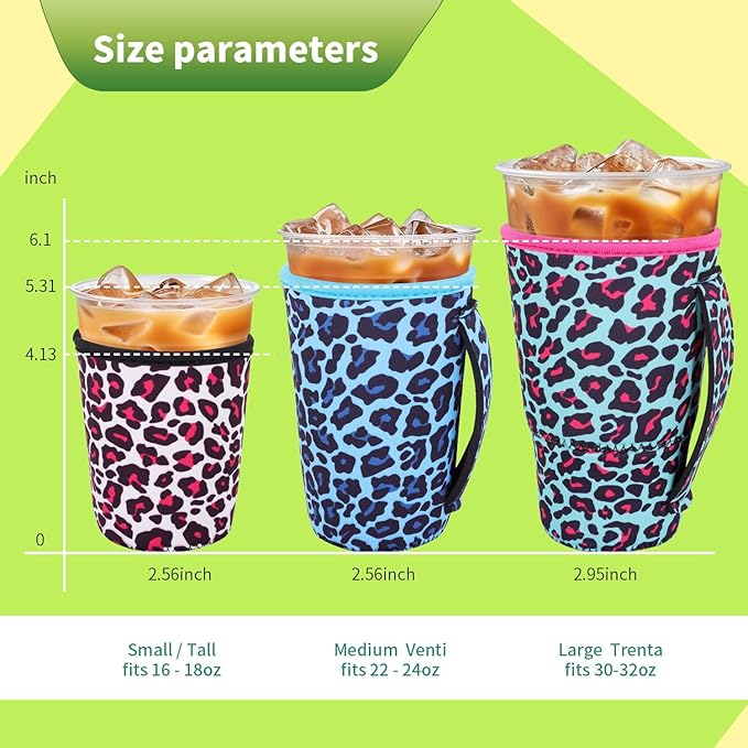 3 Pack Iced Coffee sleeve Insulated Neoprene Cup Sleeves with handle For Cold Drinks Beverages, Reusable Cup Holder for 16oz-32oz Coffee Cups (Leopard Print)