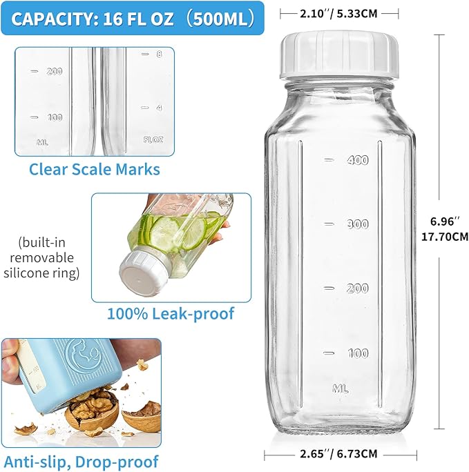 Syntic 1 Pack 16 Oz Glass Milk Storage Bottle with Airtight Lid & Pour Spouts, Milk Storage Containers for Fridge with Clear Scales - Milk Collection Bottles with Gray Protective Case