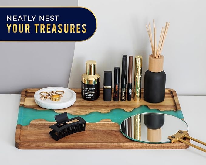 Comfify Visually Stunning Celeste Blue Resin + Acacia Wood Serving Tray - Modern 12x16 Serving Tray for Food, Breakfast in Bed, Coffee Table, Decor