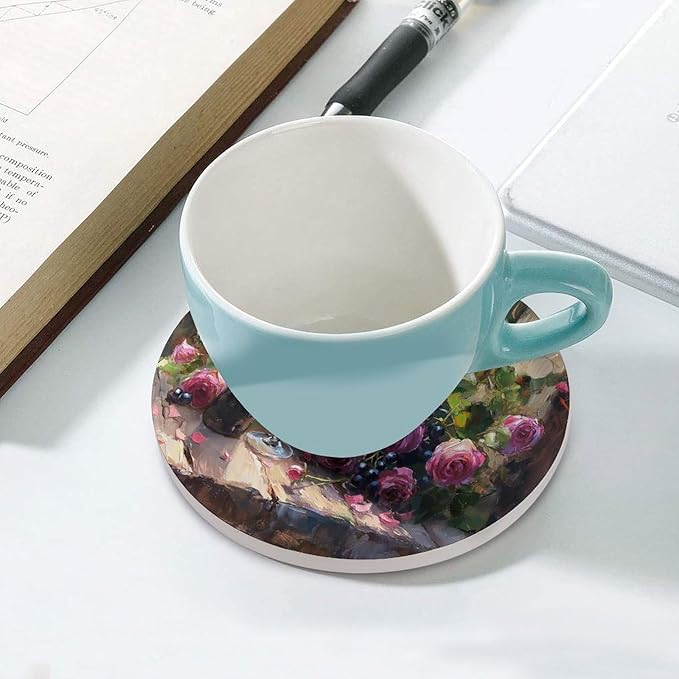 Round-6PCS Red Wine Drink Coasters, Round Modern Ceramic Absorbent Coasters, Oil Painting Vintage Red Wine Flower Grapes Rose Floral Decor Desk Coffee Table Coaster for Beverage Cup Tea Coasters