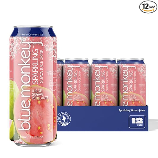 Blue Monkey Sparkling Guava Juice - Real Fruit Juice, No Sugar Added, All Natural, Lightly Carbonated, Halal Certified - Refreshing Tropical Sparkling Water Alternative - 11.2oz (330ml) 12 Pack (11.2oz, Guava Juice)