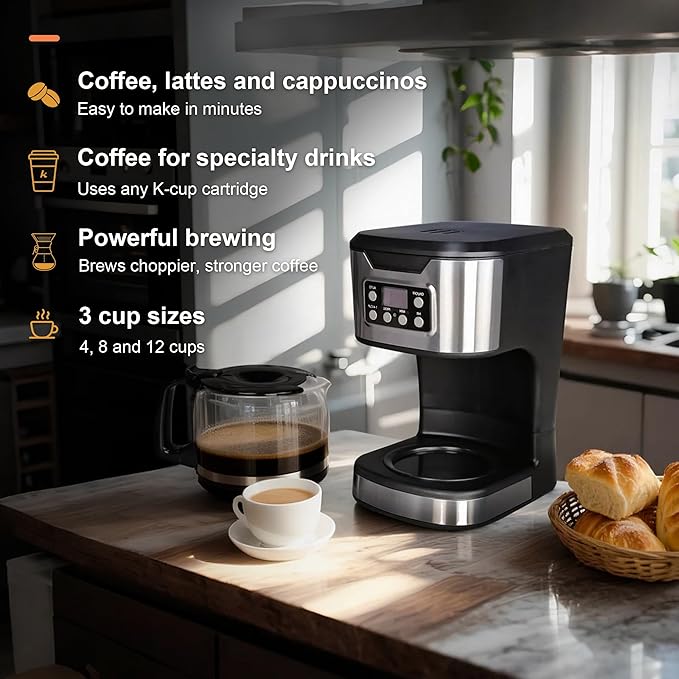 Programmable Coffee Maker 12 Cup Brew & Drip coffee machine, Fully Automatic, 1-4 Cup Setting, Stainless Steel, Keep- Warm Function, Household, Home and Office, Black