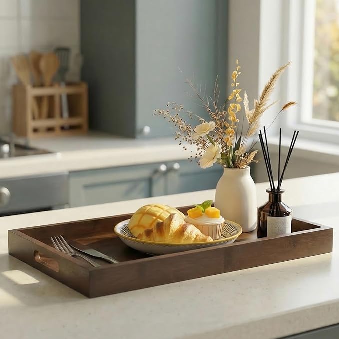14.9''x10.2''x1.57'' Bamboo Wooden Tray with Handles, Rectangular Natural Solid Wood, Walnut Dark Brown Color Serving Tray.Suitable for Kitchen,Bedroom,Breakfast,Coffee,Decorative,Party Bars.