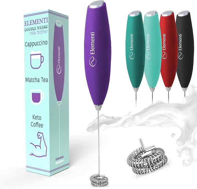 Elementi Milk Frother Wand with Double Whisk - Coffee Frother Electric Stirrer - Matcha Whisk & Drink Mixer Handheld - Hand Held Electric for Coffee (Purple)