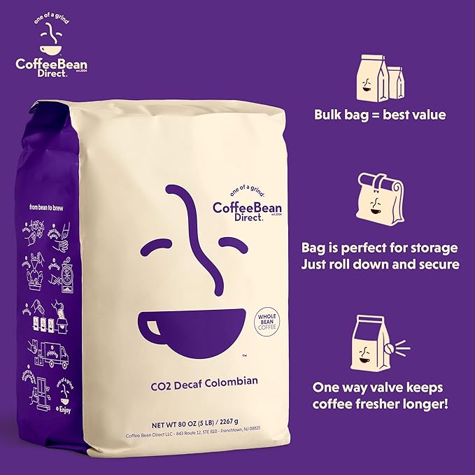 Coffee Bean Direct CO2 Decaf Colombian, Whole Bean Coffee, Light Roast, 5 Pound Bag (Pack of 1)