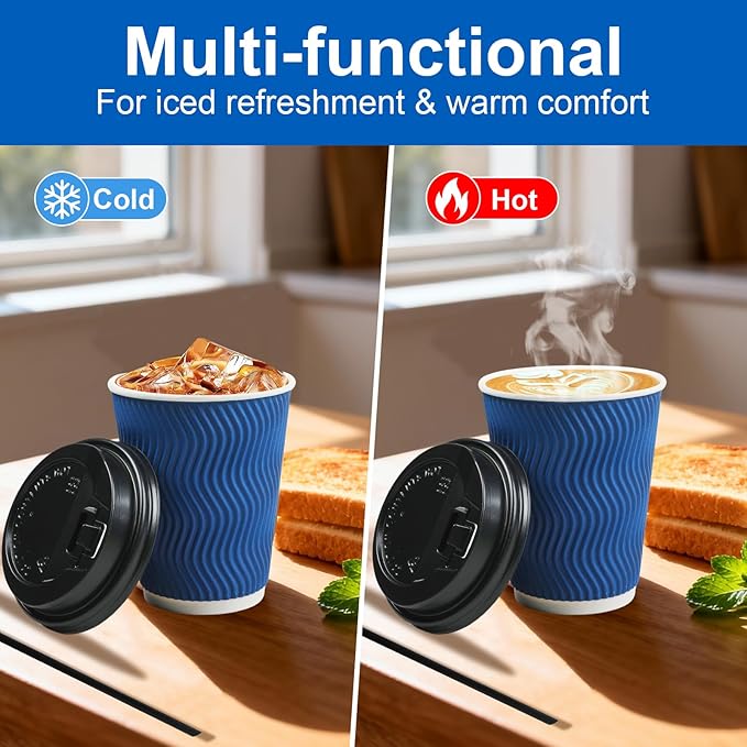 Coffee Cups, 100 Pack 12 oz Disposable Blue Insulated Paper Cups, Corrugated Kraft Ripple Wall Cup, Comes With Lids and Straws, Suitable for Hot and Cold Drinks