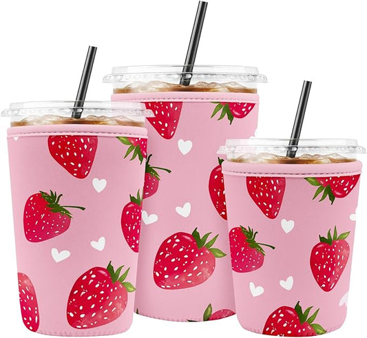 Iced Coffee Sleeve Reusable Cup Sleeves for Cold Drinks Neoprene Koozie Cozy Plastic Cup Covers for Drinks, Strawberry