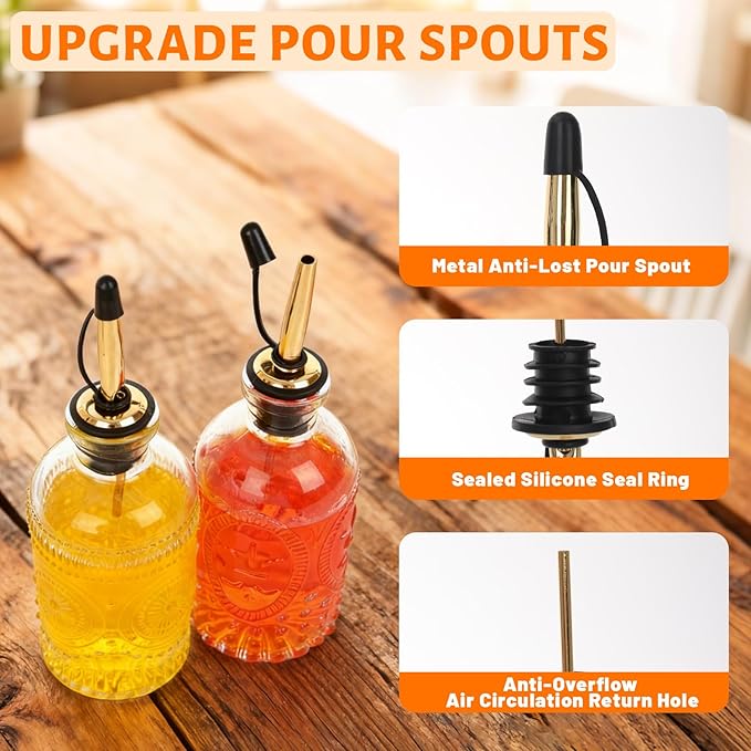 7oz Glass Coffee Syrup Dispenser, 2-Pack Complete Set with Funnel, Brush, Stoppers & Accessories - Syrup Bottles for Coffee Bar with Metal Pour Spout, Ideal for Maple,Oil, Vinegar,Cooking wine