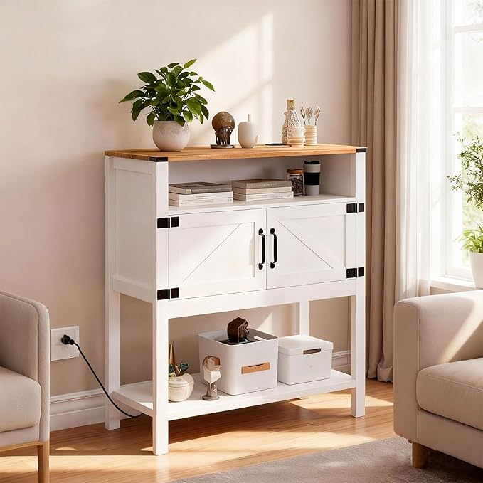 Console Table with Outlets, Farmhouse Coffee Bar Cabinet, 31.5 l x 13.8 D x 35.5 H, Entryway Table with Storage Cabinets for Living Room, Couch, Hallway, Foyer, Kitchen (White)