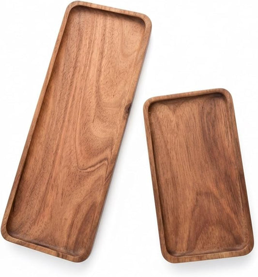 NAZANIN Set of 2 Natural Acacia Wood Serving Trays - Rectangular Wooden Trays for Coffee Table and Ottoman- Solid Wood Platters for Appetizers, Snacks, and Decor (11.4" & 7.5")
