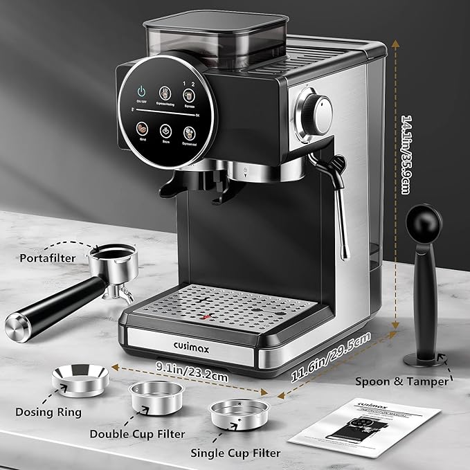 CUSIMAX Espresso Machine with Grinder, 20 Bar Professional Expresso Coffee Machines with Milk Frother Steam Wand, Espresso Maker with 60oz Removable Water Tank, Cappuccino & Latte Machine for Home