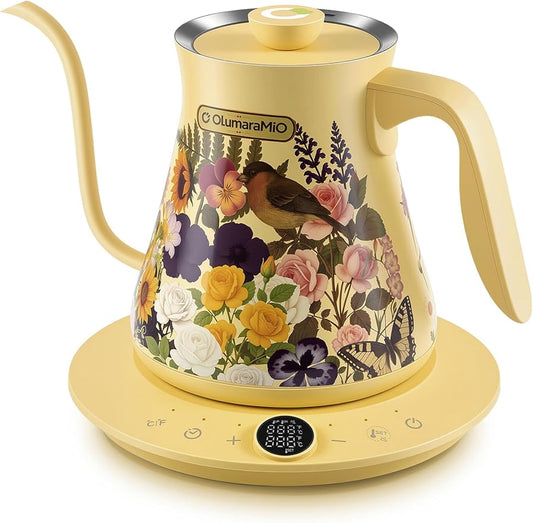 0.8L/27oz Gooseneck Electric Kettle - ±1℉ Precise Temperature Control for Pour Over Coffee & Tea, 1200W Fast Heating, Auto Shut-Off, Built-in Brew Timer, BPA-Free Stainless Steel, Floral