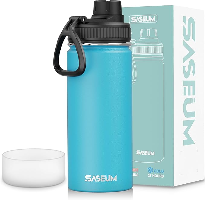 SASEUM Kids Sport Water Bottle 16oz Stainless Steel Double Wall Vacuum Thermal Mug with Leak Proof Spout Lids, Wide Mouth Metal Insulated Water Jug for Gym and Travel（Sky Blue）