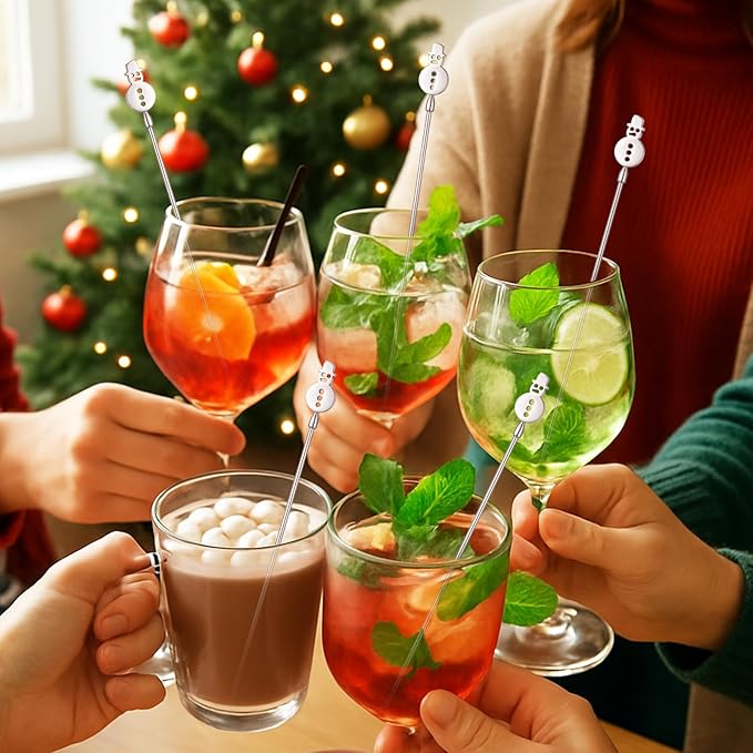20 Pcs Winter Snowman Drink Stirrers Stainless Steel Christmas Coffee Stirrers Metal Reusable Swizzle Sticks Snowman Cocktail Stir Stick Chocolate Hot Cocoa Supplies for Winter Party Decor