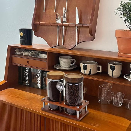 Glass Coffee Grounds Container with Shelf, 2 × 45 oz Glass Coffee Canisters with Airtight Thread Lid, Storage Jars with Stainless Steel Spoon for Coffee Bean, Sugar,Nut
