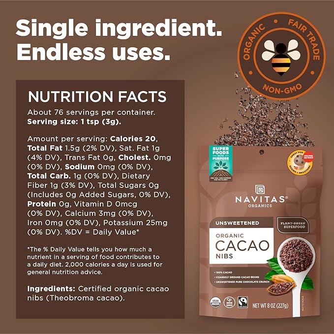 Navitas Organics Cacao Nibs – Unsweetened Dark Chocolate Crunch – Antioxidants, Minerals, Fiber – For Trail Mix, Baking & More – USDA Organic, Fairtrade, Non GMO, Gluten Free, Non-alkalized (8oz. Bag 76 Servings)