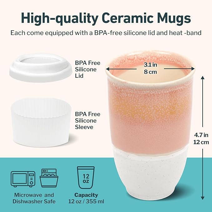 NOVA CERAMICS Travel Mug - Travel Coffee Mug – Iced Coffee Cup Unique to Go Mug – Microwave & Dishwasher Safe Coffee Pink Tumbler - Gifts for Women Men Him Her – 12oz – Afterglow