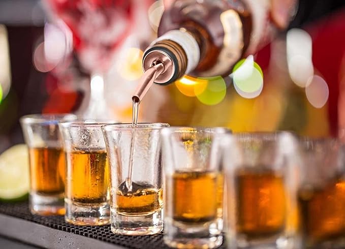 WAFJAMF 6 Pcs Liquor Pour Spouts Set, Stainless Steel Liquor Bottle Pourers with Rubber Dust Caps, for Pours Liquid, Olive Oil, Wine, Vinegar (Rose Gold)