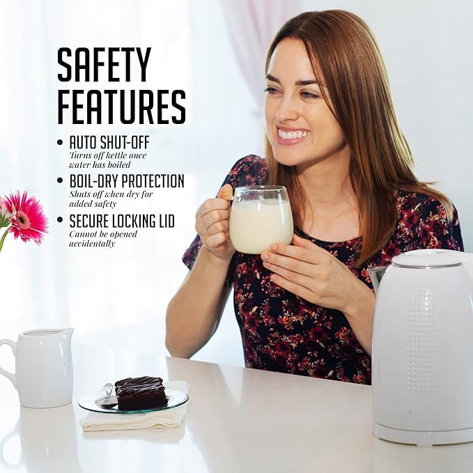 OVENTE 1.7L Double Wall Electric Tea Kettle, 1100W Water Boiler and Heater with Cool-Touch Exterior, Stainless Steel Insulated Interior, Auto Shut-Off, Boil-Dry Protection & Locking Lid, White KD64W