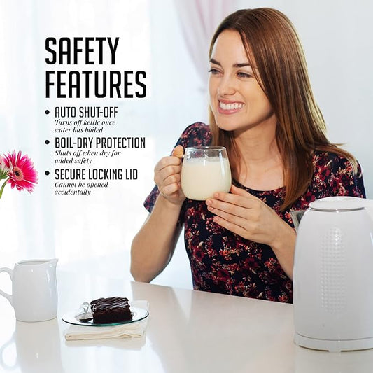 OVENTE 1.7L Double Wall Electric Tea Kettle, 1100W Water Boiler and Heater with Cool-Touch Exterior, Stainless Steel Insulated Interior, Auto Shut-Off, Boil-Dry Protection & Locking Lid, White KD64W