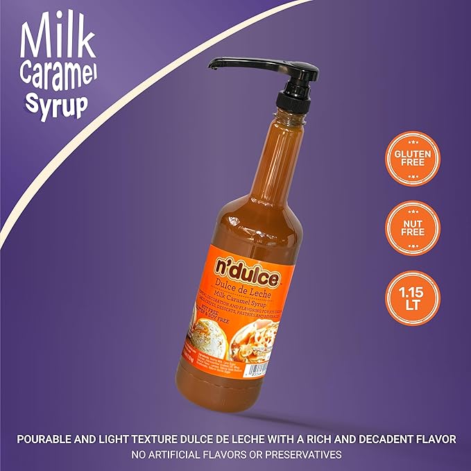 N’DULCE Dulce De Leche Syrup, Caramel Syrup for Coffee, Caramel sauce, Light Texture and Rich Flavor, Gluten-free, Nut-free, Pourable Syrup for Beverages, Desserts & Pastries - 1.15 Lt