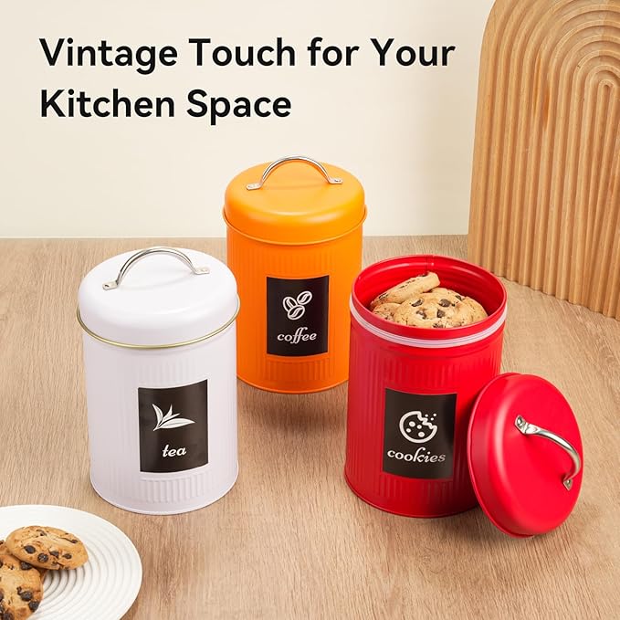 Farmhouse Coffee Canister Storage Container, 42 Oz Vintage Coffee Bean Airtight Jar with Lid, Food Tins with 12 Label Stickers, Kitchen Counter Pantry Organization for Candy Sugar Cookie Tea (Orange)