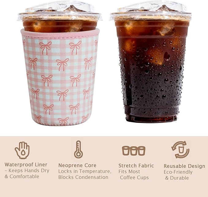 Reusable Insulated Sleeve for Iced Coffee Cup, Coffee Neoprene Sleeve for Cold & Hot Drinks, Beverage Holder for Iced Coffee (Lovely Bows, Small: 16-18oz)