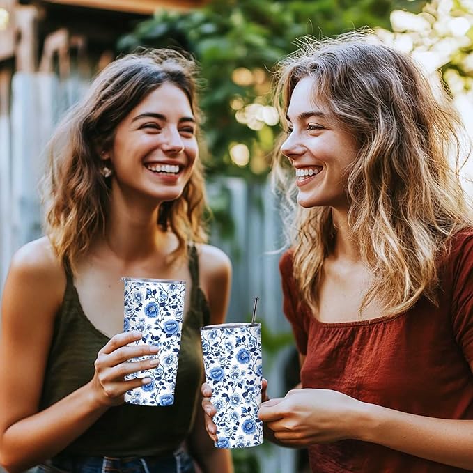 Blue Floral Tumbler 20 oz | Stainless Steel Travel Tumbler with Lid and Straw | Flower Coffee Mug for Hot & Cold Drinks | Gift for Mom Grandma | Vintage Tea Cup