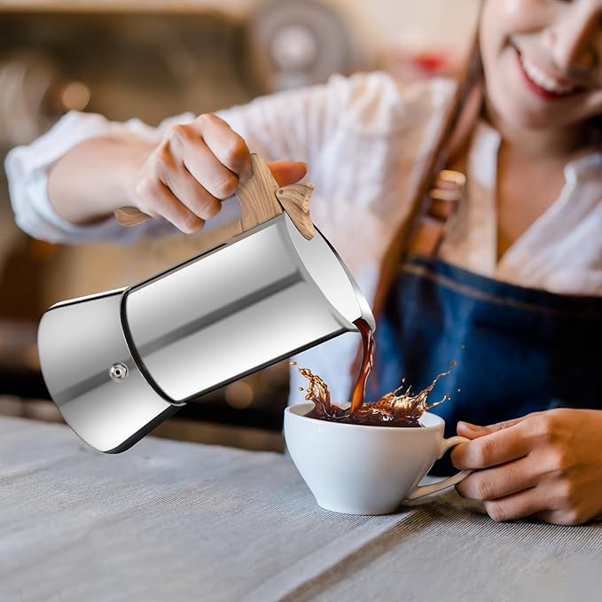 Vaolvpant No Coating 6 Cup Moka Pot Thickened 304 Stainless Steel Stovetop Espresso Coffee Maker 300ml 10.1oz Mocha Percolator Greca Cuban Ideal for Making Rich Authentic Italian Café
