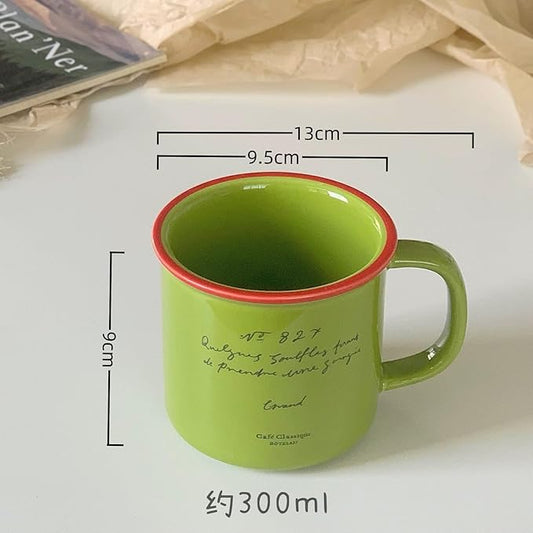 10 oz Retro Enamel-Style Coffee Mug, Minimalist Colorful Rim Ceramic Cups With Text Deign & Colorful Rims (Green)