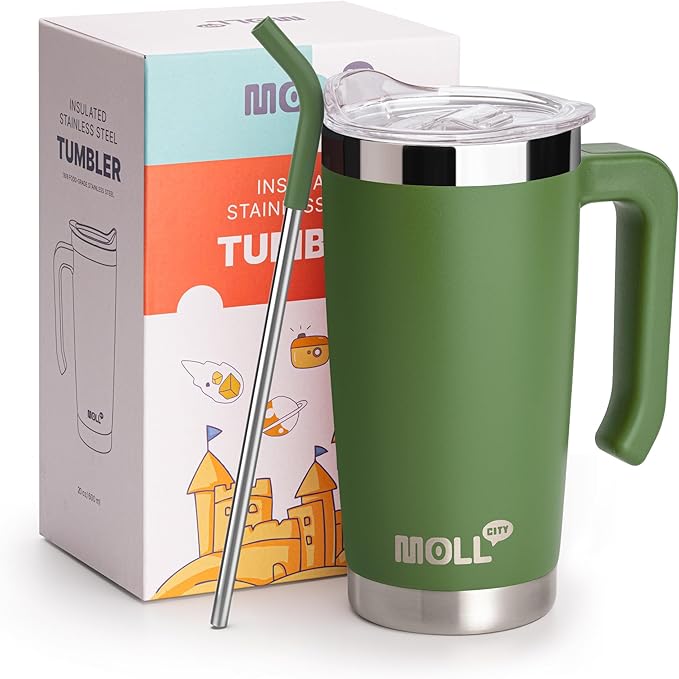 Travel Coffee Mug with Handle-20 oz Stainless Steel Double Wall Vacuum Insulated Tumbler with Straw and Leakproof Seal Slide Lid Reusable Metal Cups with Silicone Pad (Grass Green)