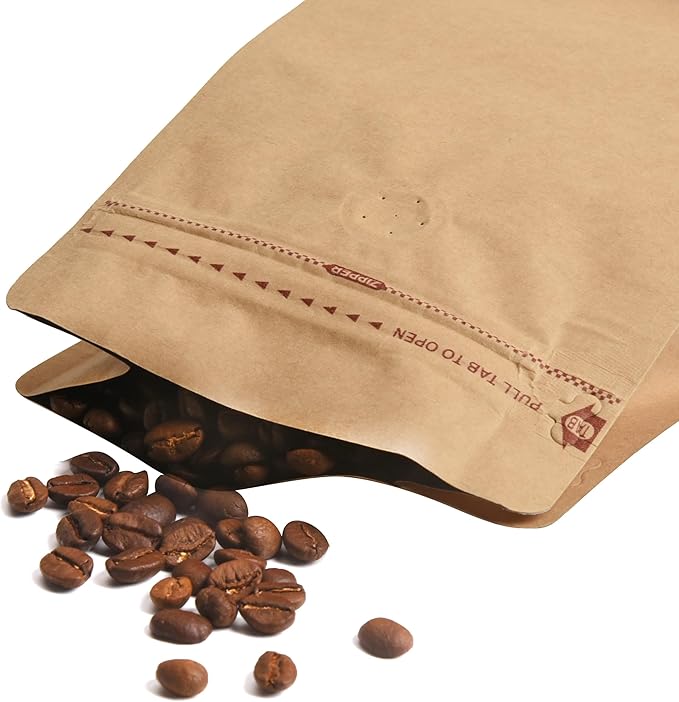 Resealable Side Zipper Coffee Bags with Degassing Valve, High Barrier Natural Kraft Coffee Pouches with Aluminum Foil Liner, Ziplock Food Storage Bags, Longer Shelf Life (50, 8oz/0.5lb)